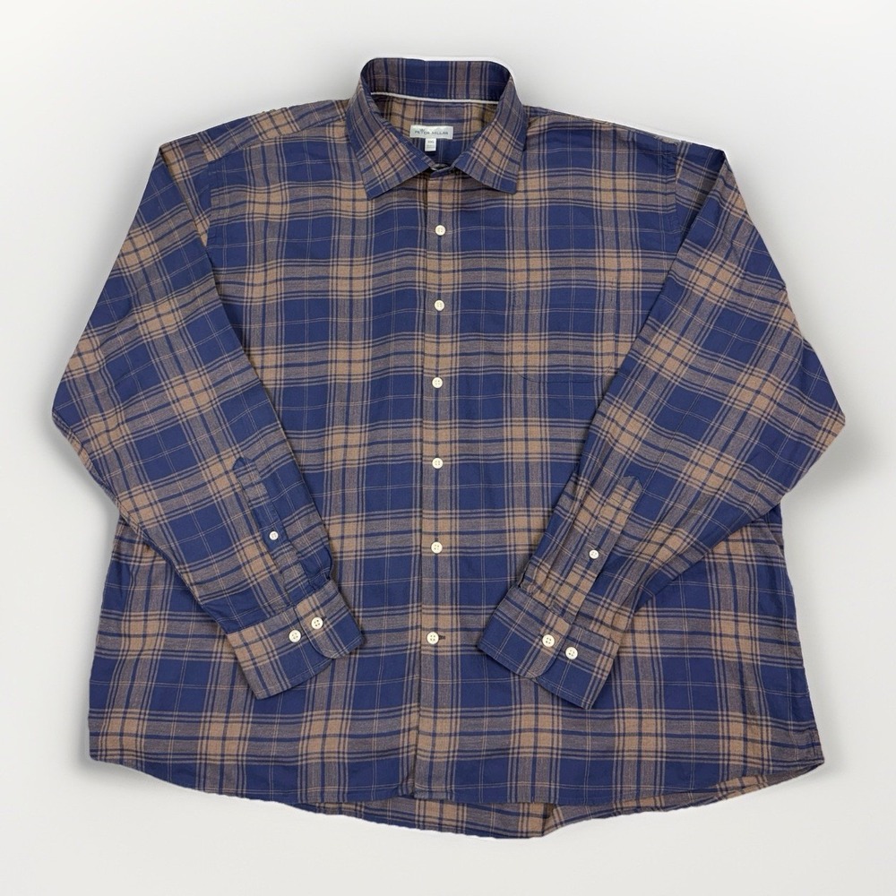 PETER MILLAR Dress Shirt Men's 2XL Button Down Cotton Men's Plaid Navy Tan XXL